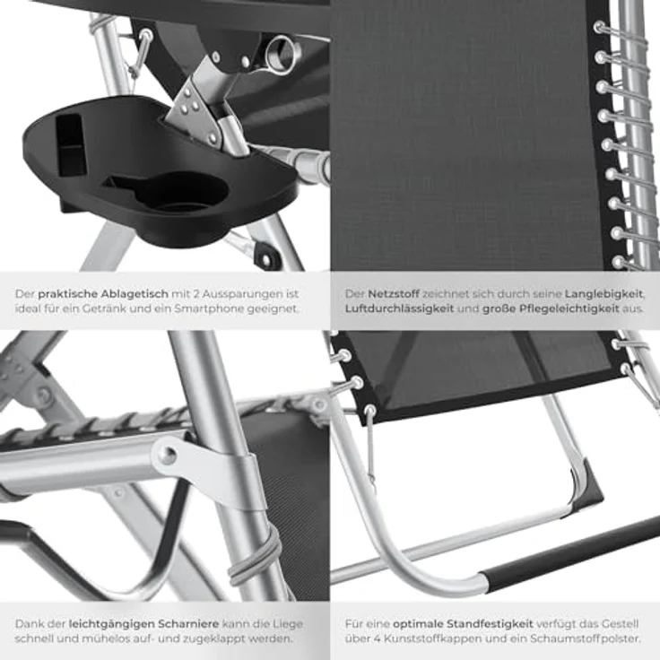 tectake® Sonnenliege klappbar, Liegestuhl, Gartenliege mit Sonnendach, Outdoor Sessel für Balkon oder Garten, Liege mit extra Dicker Auflage, Relaxliege belastbar bis 200kg - schwarz – Bild 7