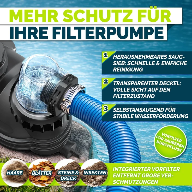 tillvex® Filterpumpe Pool 7.000L/h & 250W | Schwimmbadpumpe Förderhöhe max. 7,5m | Poolfilter Umwälzpumpe für 22m³ Pools | Poolpumpe selbstansaugend für Pools Aufstellpool Spa mit Vorfilter – Bild 4