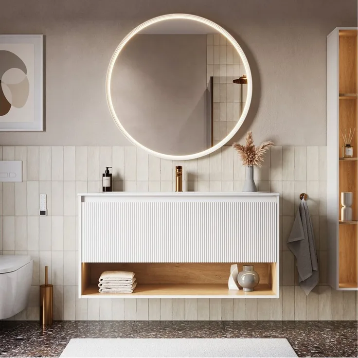 Bernstein Waschbeckenunterschrank BELDIVO 120cm Weiß matt Duravit LED (1 Hahnloch) Waschtischunterschrank mit Waschbecken 1 Schublade Innenschublade LED