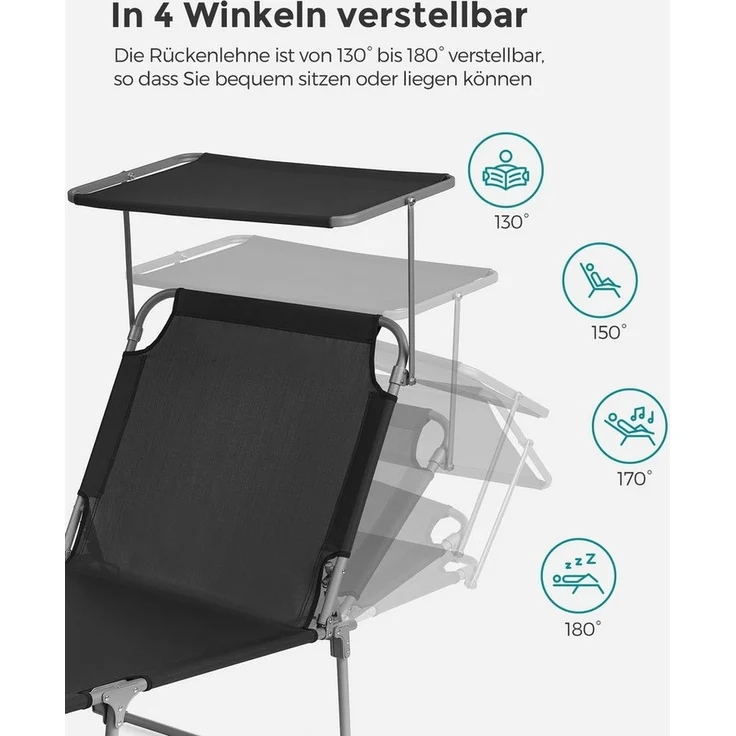 Songmics Gartenliege klappbar, mit Kopfstütze und verstellbarer Rückenlehne, 1x Sonnenliege, mit Seitentasche, Schwarz, 71 x 200 x 38 cm – Bild 3