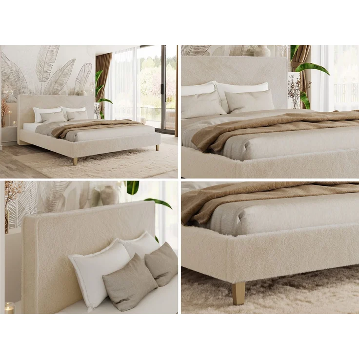 Design Polsterbett LUMARO CLASSIC 160x200 cm mit Lattenrost & 12cm hohen Füßen, Doppelbett mit Kopfteil, Konfigurierbar, Pocket Matratze - Creme Plüsch - VIRE LUX – Bild 2