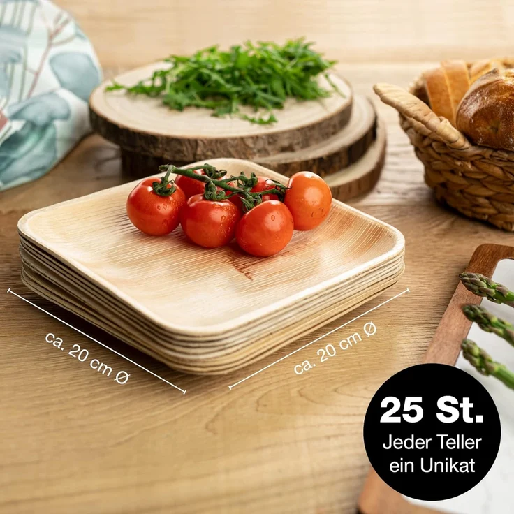 Moritz & Moritz Einweggeschirr-Set 25tlg Palmblatt Geschirr Eckig 20cm (25-tlg), 25 Personen, Palmblatt, Birkenholz, 25x25cm – Bild 2