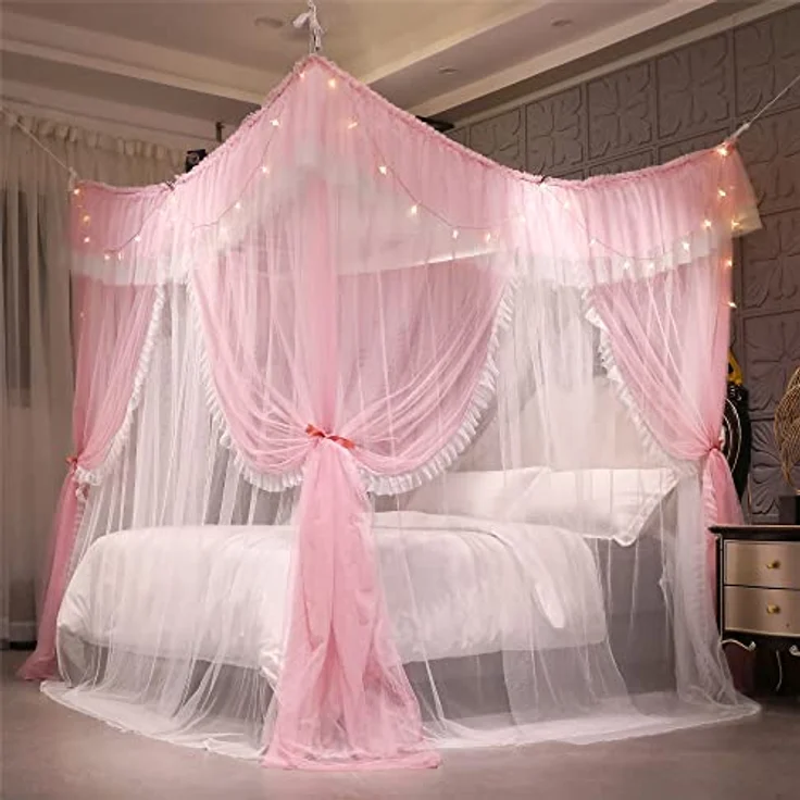 VETHIN 4 Ecken Pfosten Rüschen Prinzessin Bett Baldachin Vorhang, 4 Öffnungen Moskitonetz für Mädchen Erwachsene Schlafzimmer Dekoration (Rosa/Weiß, 162.6 cm Bx208.3 cm Lx208.3 cm H) Queen – Bild 6