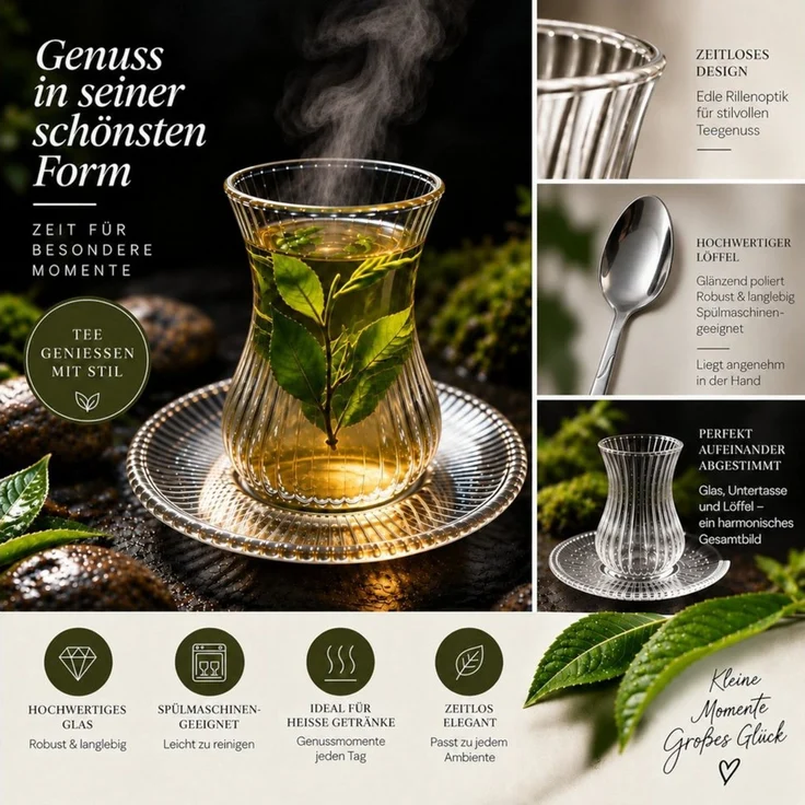 Mulex Teeglas Teegläser Set mit Untersetzern inklusive 6 Espressolöffeln Seattle, 18-tlg, Glas, Teegläser und Espressolöffel sind spülmaschinengeeignet – Bild 2