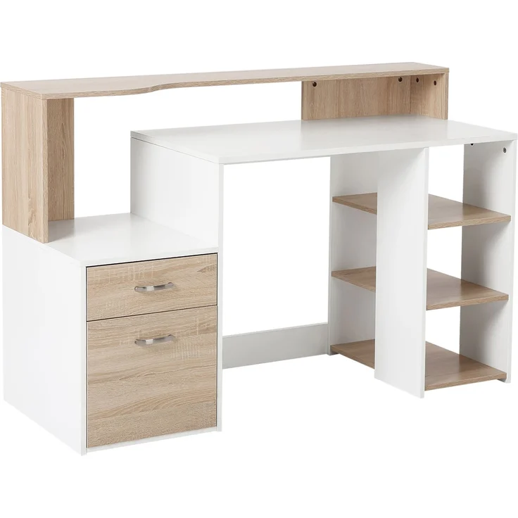 Computerschreibtisch mit 2 Schubladen, Schreibtisch mit Stauraum, 137 x 55 x 92 cm, offene Regale und Ablage – Bild 1