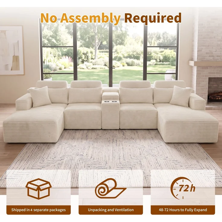 ZUBALIYA Boneless Compression Sofa, U-förmiges modulares Sofa mit integrierten Becherhaltern, Off-Weiß, 372 x 151 x 80 cm – Bild 18