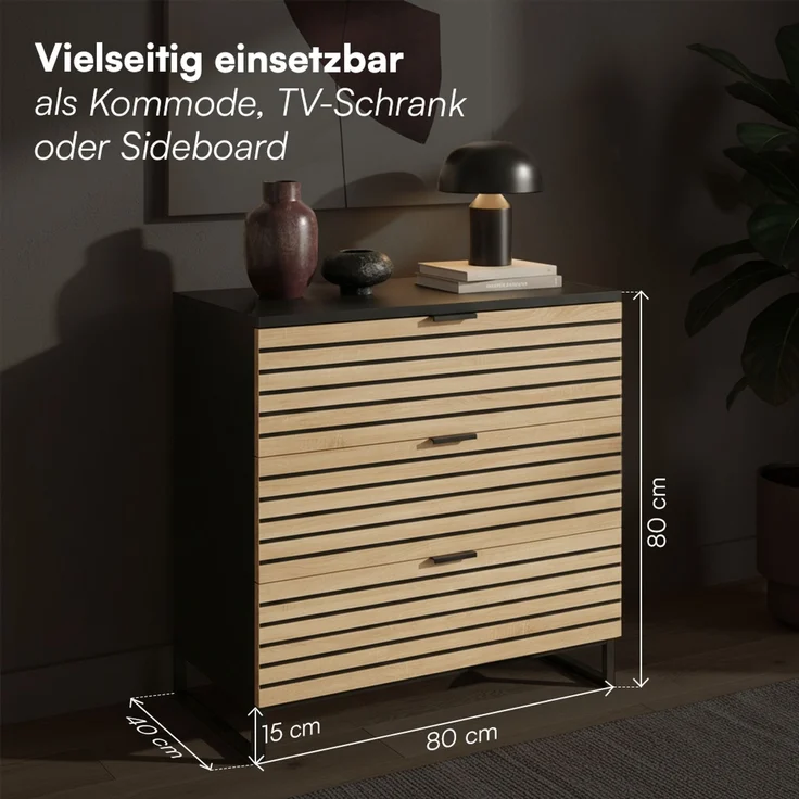 Bellamio 'Luvua' Kommode, schwarz/Eichenoptik, mit Metallfüßen, 80x40x80 cm, Schrank mit 3 Schubladen – Bild 6