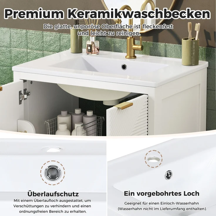 Badezimmerschrank 61 x 47 x 87 cm in Weiß mit Keramikwaschbecken und Soft-Close-Türen – Bild 6
