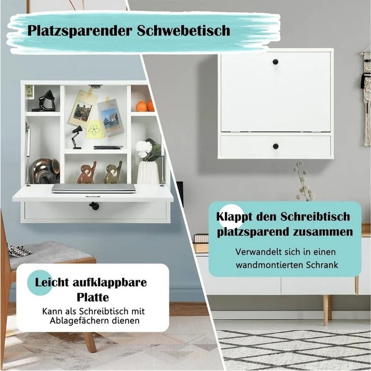 COSTWAY Klapptisch, Wandklapptisch mit Ablagefächern & Schublade – Bild 2