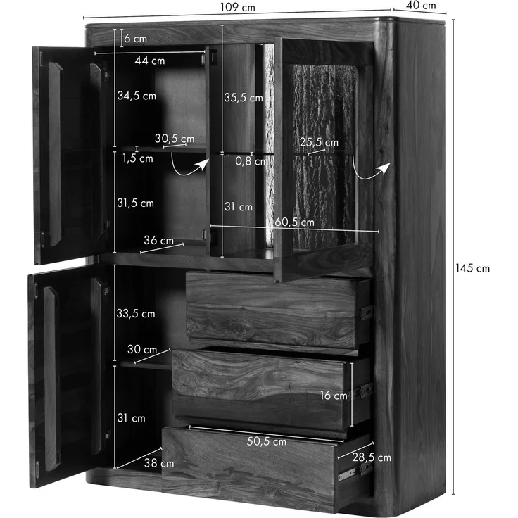 Highboard Sheesham 109 x 40 x 145 walnuss gewachst TORONTO LUX #209 – Bild 6