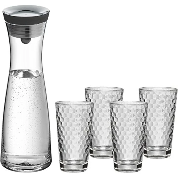 WMF Wasserkaraffe Basic Set Wasserkaraffe mit 4 Gläsern, (1x Glaskaraffe (Füllmenge 1,0 l, Höhe 29 cm), 4x Trinkglas (Füllmenge 275 ml, Höhe 14 cm), 5-tlg, 1x Glaskaraffe (1,0 l, Höhe 29 cm), 4x Trinkglas (275 ml, Höhe 14 cm) – Bild 1