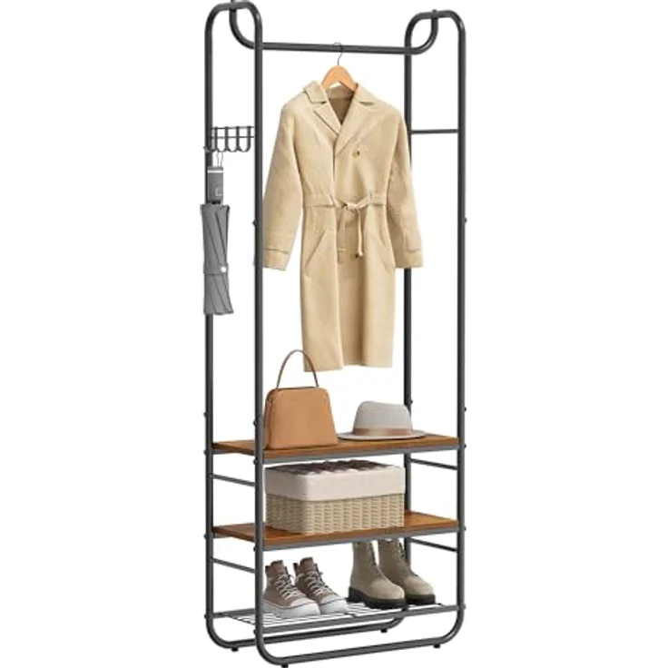 Vasagle Garderobenständer, Garderobe, Kleiderständer, mit Schuhablage, Schuhregal, Flur, Schlafzimmer, 58 x 28 x 181 cm, Industrie-Design, vintagebraun-schwarz HSR81BX – Bild 2