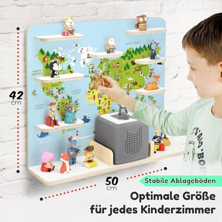 stadtecken Holzregal für Musikbox I Geeignet für die Toniebox und ca. 50 Tonies I Perfekte Tonie Aufbewahrung im Kinderzimmer I Zum Aufstellen oder Aufhängen I Atlas 2, groß – Bild 3