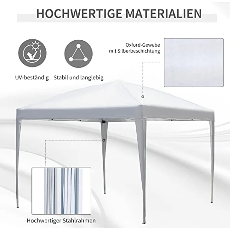 Outsunny Pavillon 2,95 x 2,95 m Pop-Up Faltpavillon mit UV-Schutz, wasserfestem 210D Oxford und robustem Stahlrahmen, Weiß – Bild 3