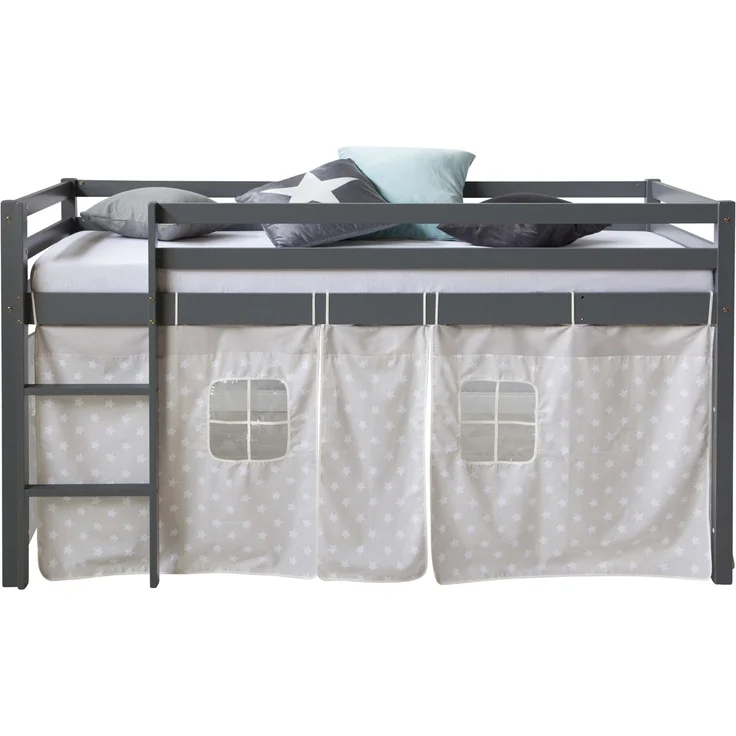 Hochbett mit Lattenrost 90x200 cm Spielbett Grau Kinderbett Leiter Holz Kiefer Vorhang Sterne Jugendbett – Bild 6