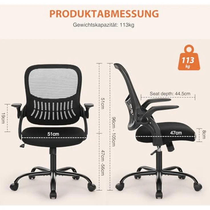 Sweetcrispy Bürostuhl Ergonomisch, Schreibtischstuhl mit Lendenwirbelstütze, Höhenverstellbarkeit Stuhl, Bürostühle mit Armlehne, Office Chair Geeignet für Büro und Schlafzimmer – Bild 4