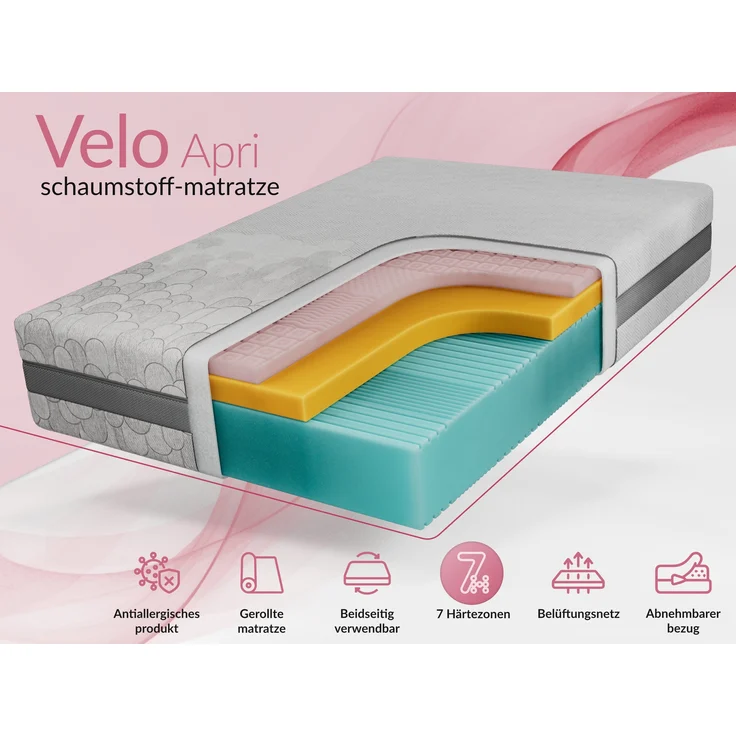 Schaummatratze für Allergiker, 7-Zonen, Visco Schaum memory, Höhe 26 cm, Kaltschaum Matratze, Härtegrad H2 - 140 x 200 cm - VELO - APRI – Bild 2