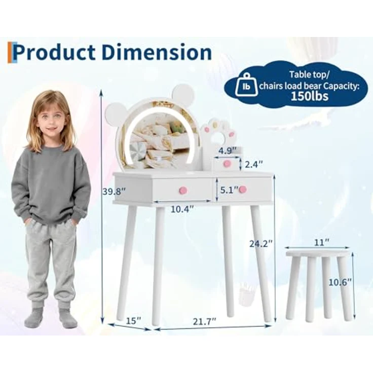 GarveeLife Schminktisch für Kinder, Mädchen, mit Spiegel & LED-Licht in 3 Farben mit 2 Schubladen, für Kinder von 3 – 8 Jahren, 55 x 38 x 101 cm – Bild 8