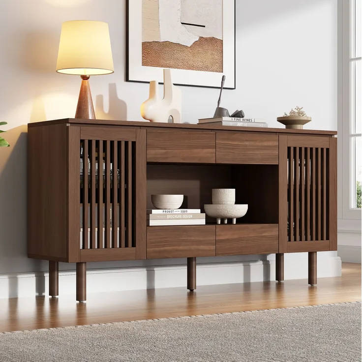 DESVIAE Sideboard Walnussholzfarbe aus MDF – 140x71x35 cm – 4 Schubladen, Lamellentüren