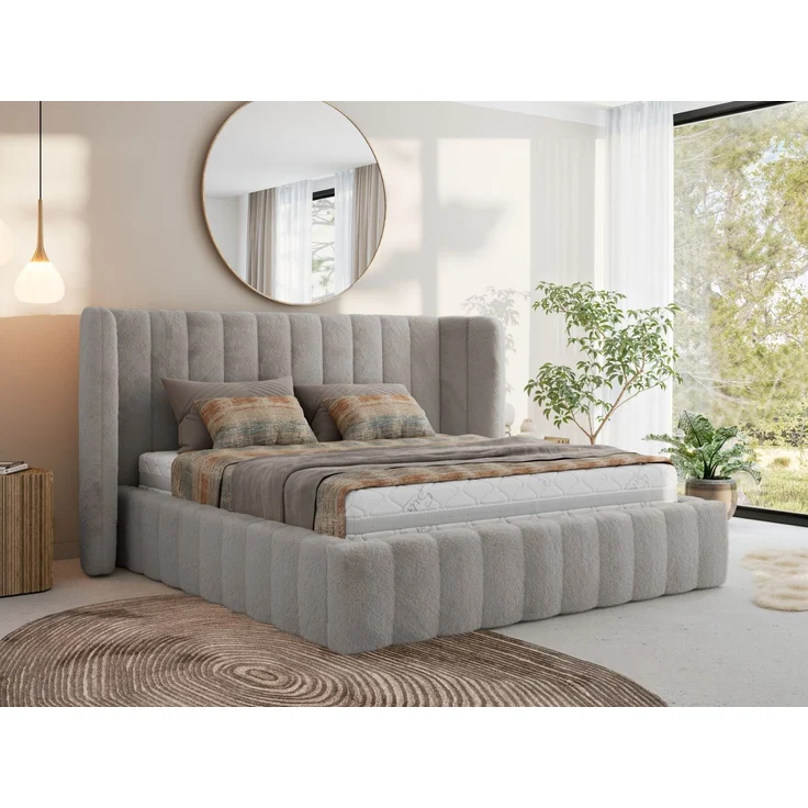 Polsterbett GOLETTA CLASSIC 200 x 200 cm mit gepolstertem Kopfteil, stabilem Bettrahmen, Lattenrost und Bettkasten mit Gasdruckfedern, Doppelbett, zeitloses Design - Hellgrau Plüsch – Bild 1