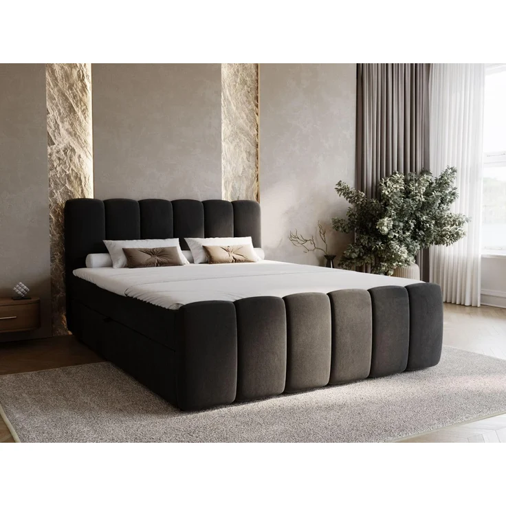 GRAINGOLD Cloud Boxspringbett 140x200, Bett mit Bettkasten, Velour-Stoff, mit Kopfteil, Schwarz – Bild 1