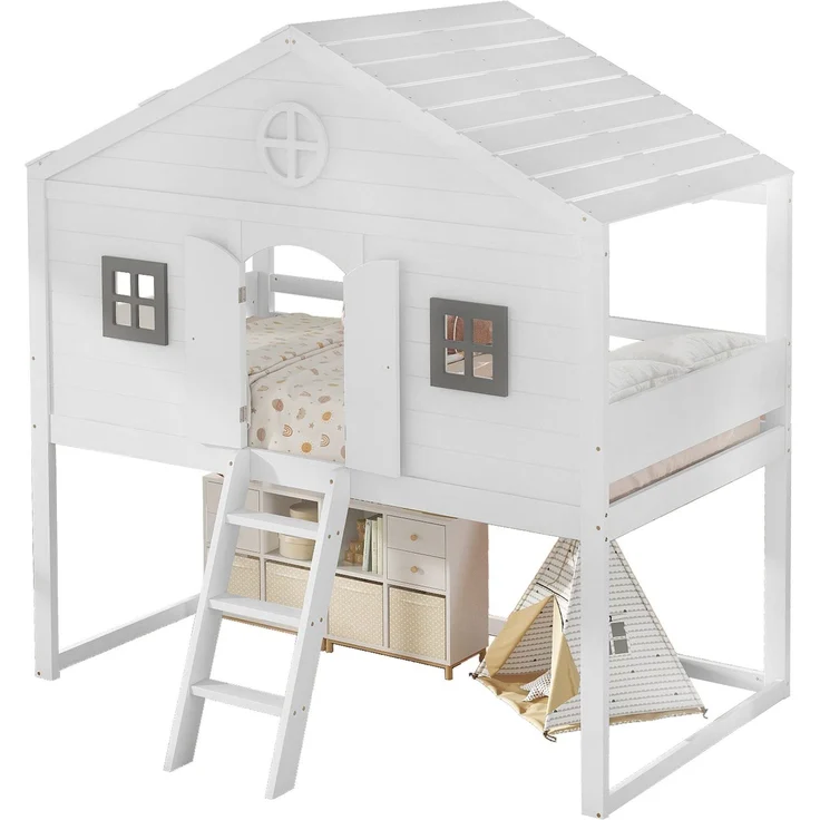 Hochbett mit Lattenrost und Fenstern, 90x200 cm, Kinderbett mit Lattenrost und Rausfallschutz, Kiefer – Bild 9