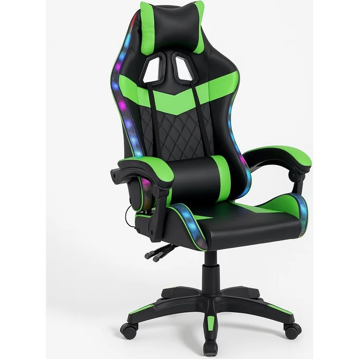 Shally Dogan Gaming-Stuhl mit mehrfarbigen RGB-LED-Streifen, Bezug aus Kunstleder, verstellbare Rückenlehne, Höhe verstellbar von 106 bis 116 cm, Bürostuhl, Kinderzimmer (grün)