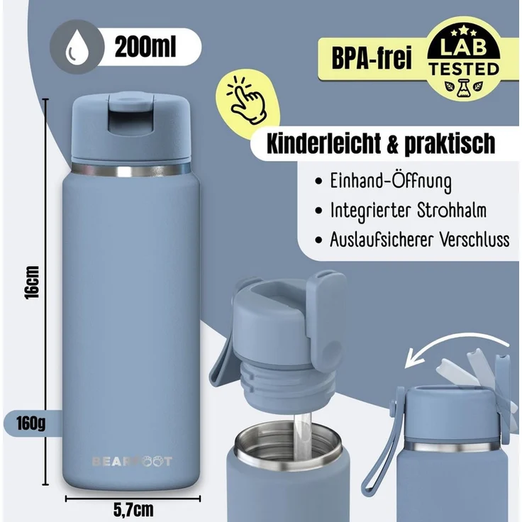 BEARFOOT Trinkflasche TINY Thermo Kinder Trinkflasche Edelstahl - blau, Thermosflasche, auslaufsicher, Edelstahl, Kinderflasche, BPA-frei – Bild 3