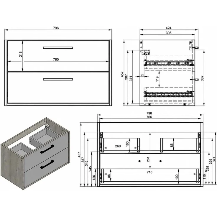 Badplaats Waschtischunterschrank-Set Florence 80 x 46 cm - Mattschwarz - mit Spiegelschrank und Hochschrank – Bild 7