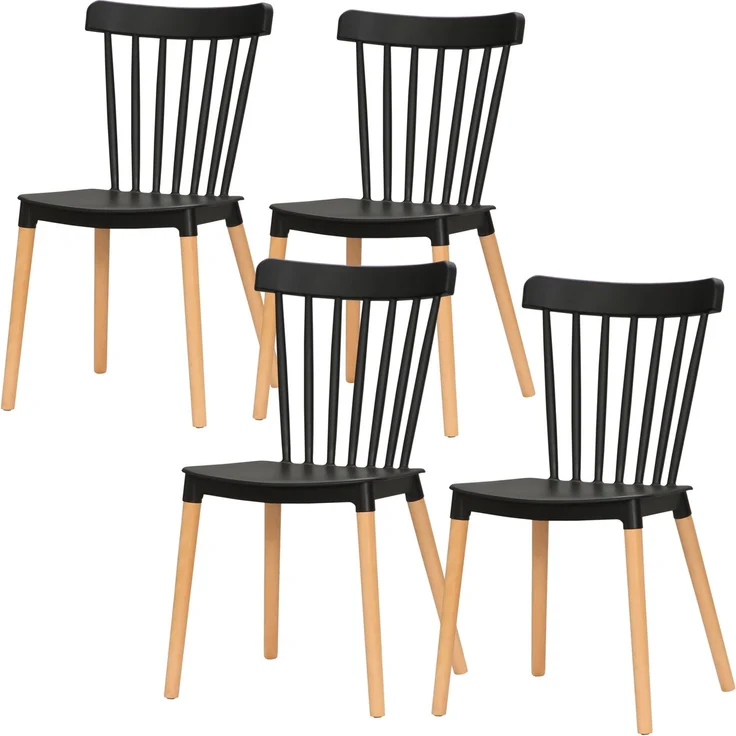 Wohnora-Set aus 4 Stühlen im skandinavischen Stil mit hoher Rückenlehne, Sitzflächen aus Polypropylen, Beinen aus Buchenholz, 48 x 52,5 x 83 cm, schwarz,H 830cm x T 640cm x B 525cm – Bild 1