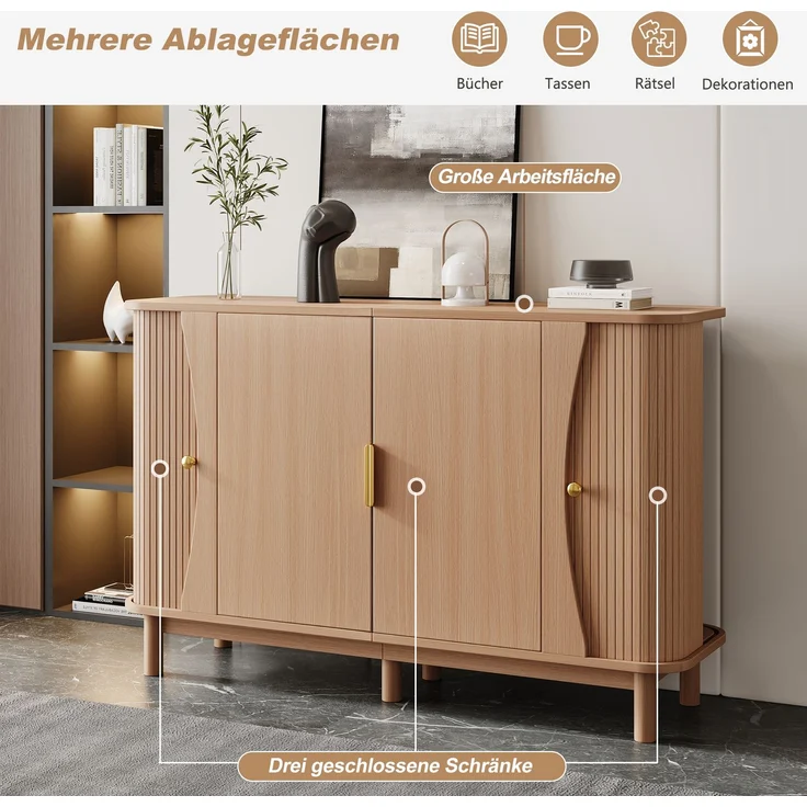 Merax Sideboard 140x40x88cm aus MDF, Kommode mit geschwungenen Kanten, 2 Schiebetüren, Stauraumschrank, Naturholz – Bild 6