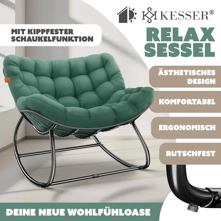 KESSER® 'XXL Chillexer' Schaukelstuhl mit Rutschfesten Füßen, für drinnen & draußen, Witterungsbeständig, Stahl / Polyester grün, 100 x 100 x 85 cm – Bild 3