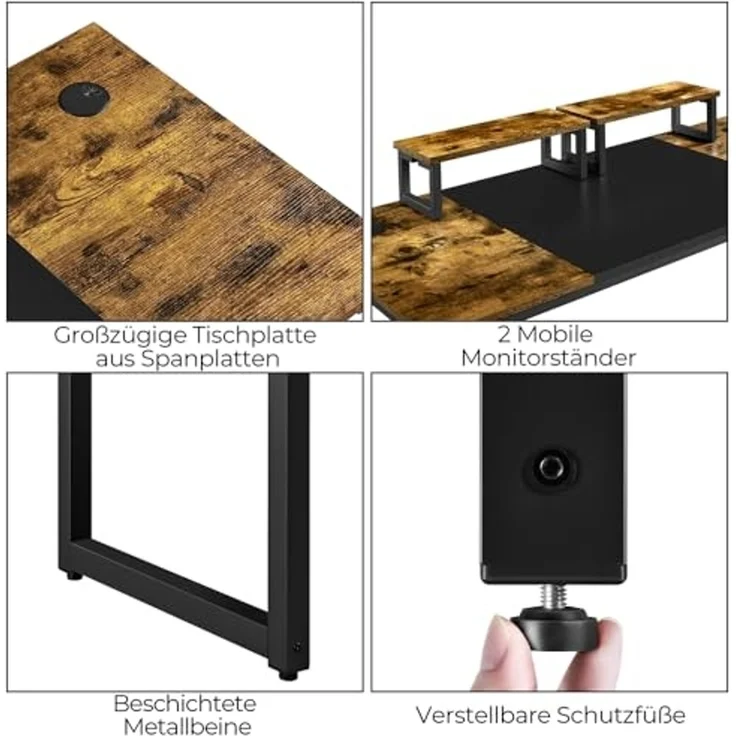 Yaheetech Schreibtisch Computertisch, Arbeitstisch Lerntisch mit 2 Motorhalterung/2 Kabeldurchführungen/1 Kopfhörerhaken, 140 × 60 × 89,5 cm, Rustikales Braun – Bild 6