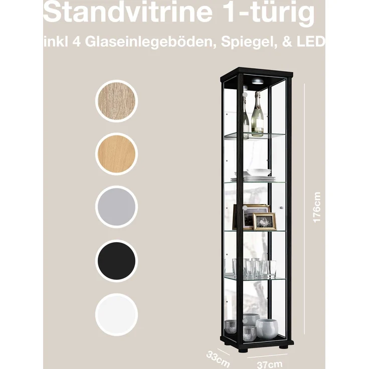 K-Möbel Glasvitrine C1016 (Glasvitrine (176x37x33 cm) mit 1 Glastür) Glasvitrine stehend – Bild 3