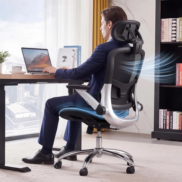 COMHOMA Bürostuhl, ergonomischer schreibtischstuhl mit Mesh, 2D-Kopfstütze, 4D-Armlehnen, Hohe Rückenlehne mit Wipp- & Feststell (90-125°), extra breite Sitzfläche, Belastbarkeit 180 kg, Schwarz