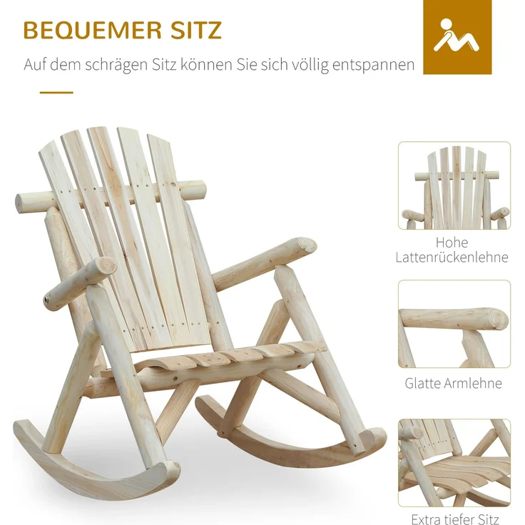 Schaukelstuhl aus Holz Schaukelsessel mit hoher Rückenlehne wetterfest Gartenstuhl bis 113kg belastbar Relaxstuhl für Wohnzimmer Garten, Rasen, Balkon Natur--Naturholz--98x66x96cm--YOUDENOVA – Bild 8
