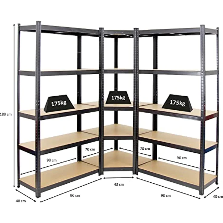 PROREGAL Mega Deal Eckregal Ragnar 1x: 180 x 70 x 40 cm | 2X: 180 x 90 x 40 cm Schwarz Fachlast 175kg, Kellerregal, Steckregal, Garagenregal, Lagerregal – Bild 3