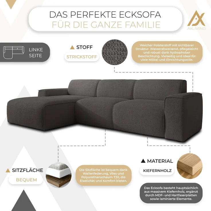 AX LIVING Couch Sofa L Form Didim mini Grau 310 cm breit, stilvoll L – Bild 5