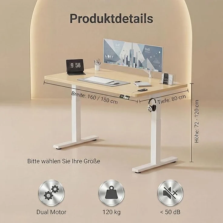 Devoko Höhenverstellbarer Schreibtisch 180x80 cm elektrisch, Höhenverstellung 71-121 cm mit Smart Control, 120 kg Tragkraft, für gesundes Arbeiten – Bild 2
