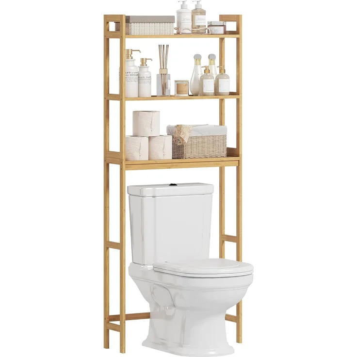 Kleankin Badregal Toilettenregal 3-stöckiges Badezimmerregal, Standregal mit Kippschutz, Aufbewahrungsregal 1-tlg, für Badezimmer, Bambus, Natur, 68 x 20 x 165 cm