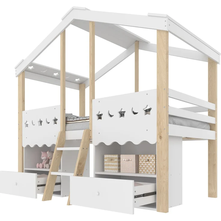 Kinderbett 90x200 cm Hausform Weiß + Natur, Hochbett für Kinderzimmer mit LED-Beleuchtung, 2 Schubladen, Stauraum, Leiter – Bild 7