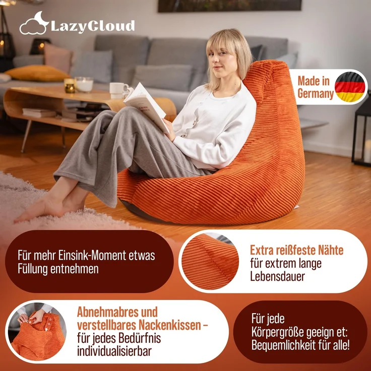 LazyCloud Sitzsack für Erwachsene mit integrierter [Nackenstütze] Cord | XXL Indoor Bean Bag mit Füllung | perfekt als Chill-, Lese- oder Gaming Sessel (90 x 80 x 70 cm) (Korallrot) – Bild 6