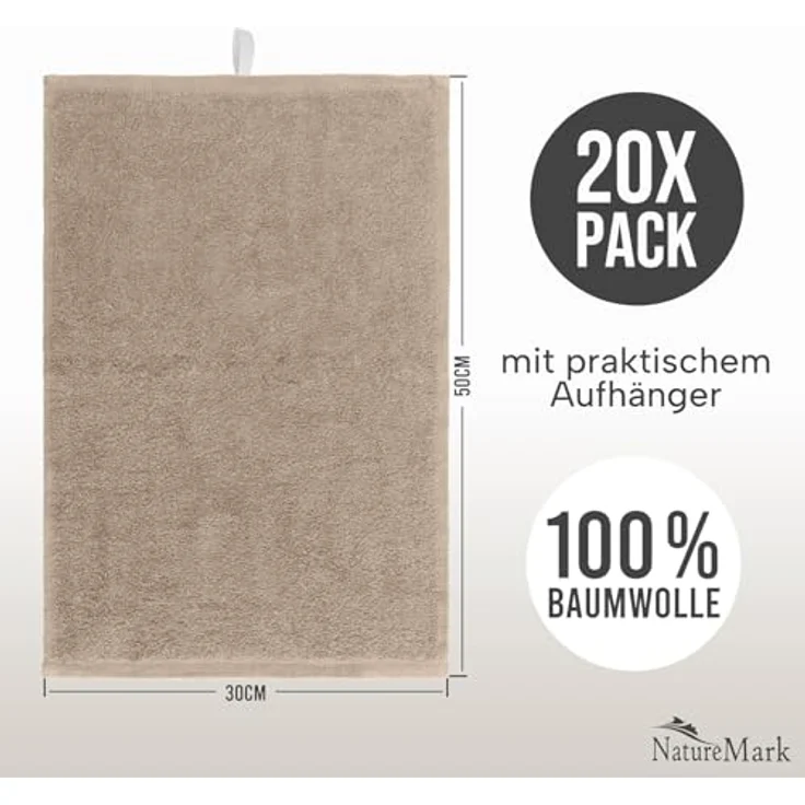 NatureMark 20er Spar-Pack Frottier Gästetücher, 30x50 cm, 100% Baumwolle, Sand Beige – Bild 3