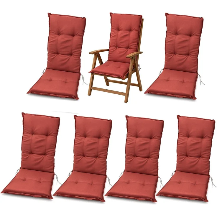 BURI 6x Hochlehner Auflage 117x49x6 cm - wetterfeste Gartenstuhlauflage mit Schaumkern & Vollvlies, Halteband & Bindebänder, bequemes Stuhlpolster für Balkon, Terrasse & Garten (Rot) – Bild 1