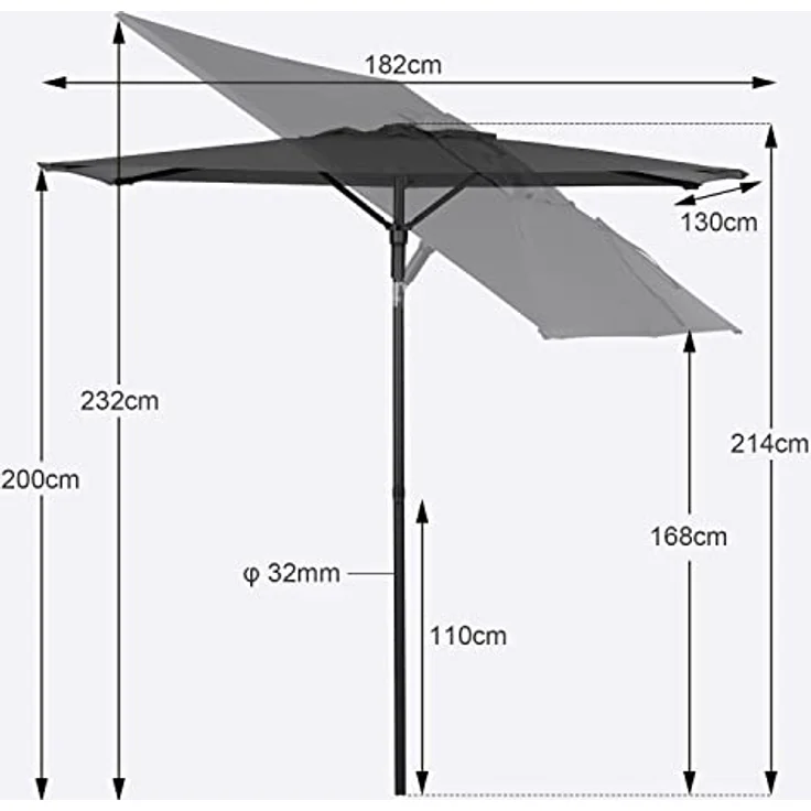 Sekey® 180×130cm Sonnenschirm für Balkon, Terrasse& Garten,Windfest Kippbar Grau UPF 50+ Rechteckig – Bild 2