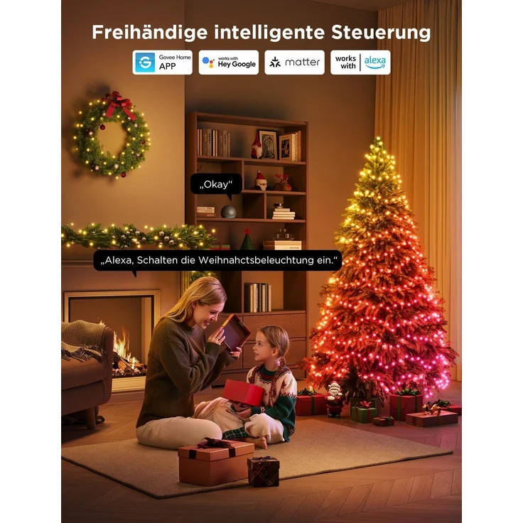 Govee RGBWIC Christmas Lights, 300 LEDs Weilnachtsbeleuchtung Außen, 30M Smarte Lichterkette Innen für Weihnachtsdeko, 130+ Szenen-Modi, Shape Mapping, Kompatibel mit Alexa, Grünes Kabel – Bild 6