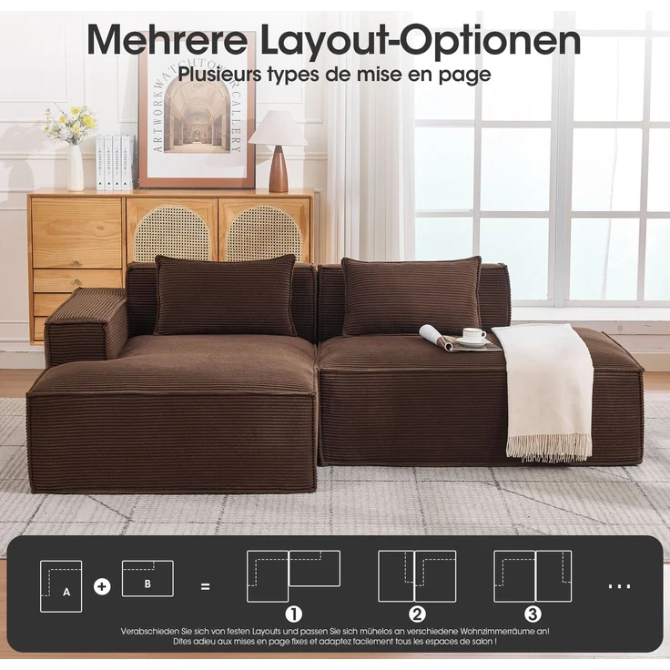 LVHOM Ecksofa 2 Sitzer, Modulares Sofa 235 cm breit, L-Form Sofa mit 2 Kissen, Schlafsofa aus Cordstoff, kein Aufbau erforderlich, Braun – Bild 3