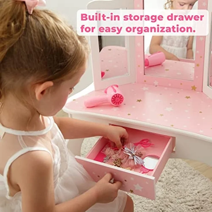 Teamson Kids Childrens Rosa Holz-Schminktisch und Hocker Spiegel TD-11670K – Bild 3