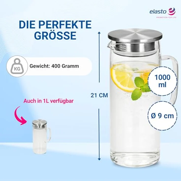 elasto Wasserkaraffe Glaskaraffe mit Deckel und Sieb 1 Liter aus Borosilikatglas – Bild 3