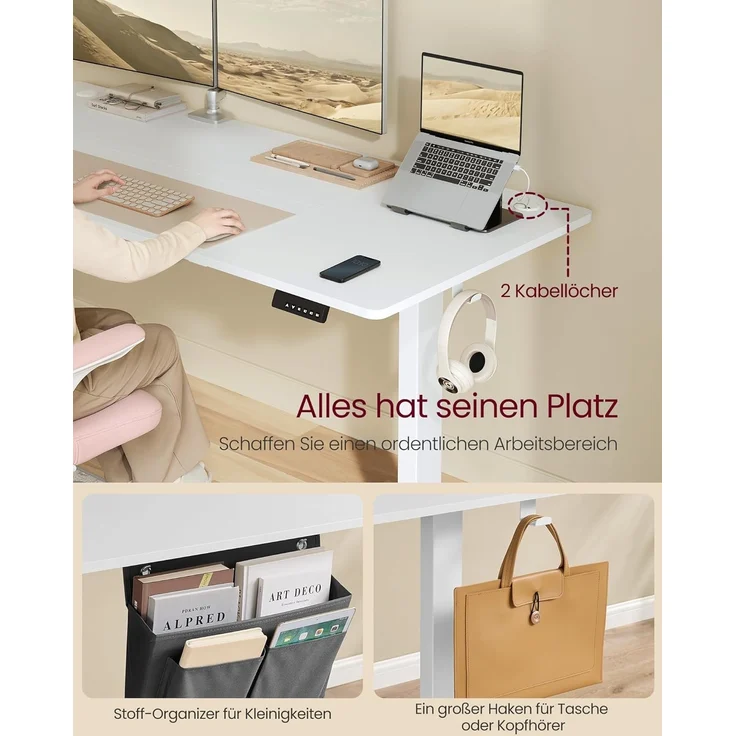SONGMICS Höhenverstellbarer Schreibtisch elektrisch, 180x80 cm, Verstellbarer Tisch, Memory-Funktion für 4 Höhen, für Büro, wolkenweiß LSD138W01 – Bild 6